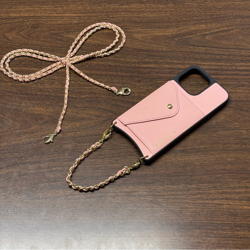 Bandolier Lily Pink Leather Crossbody Phone Case Wallet for 14 ProMax.